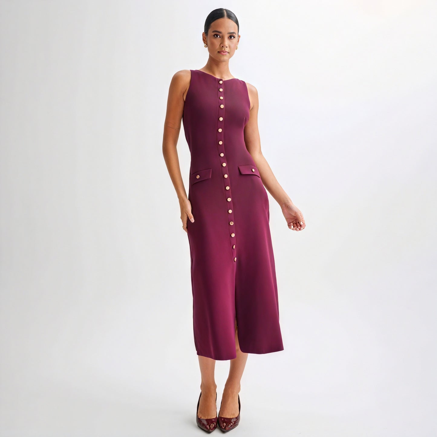 Knitted Midi Dress - Button Front, Fitted