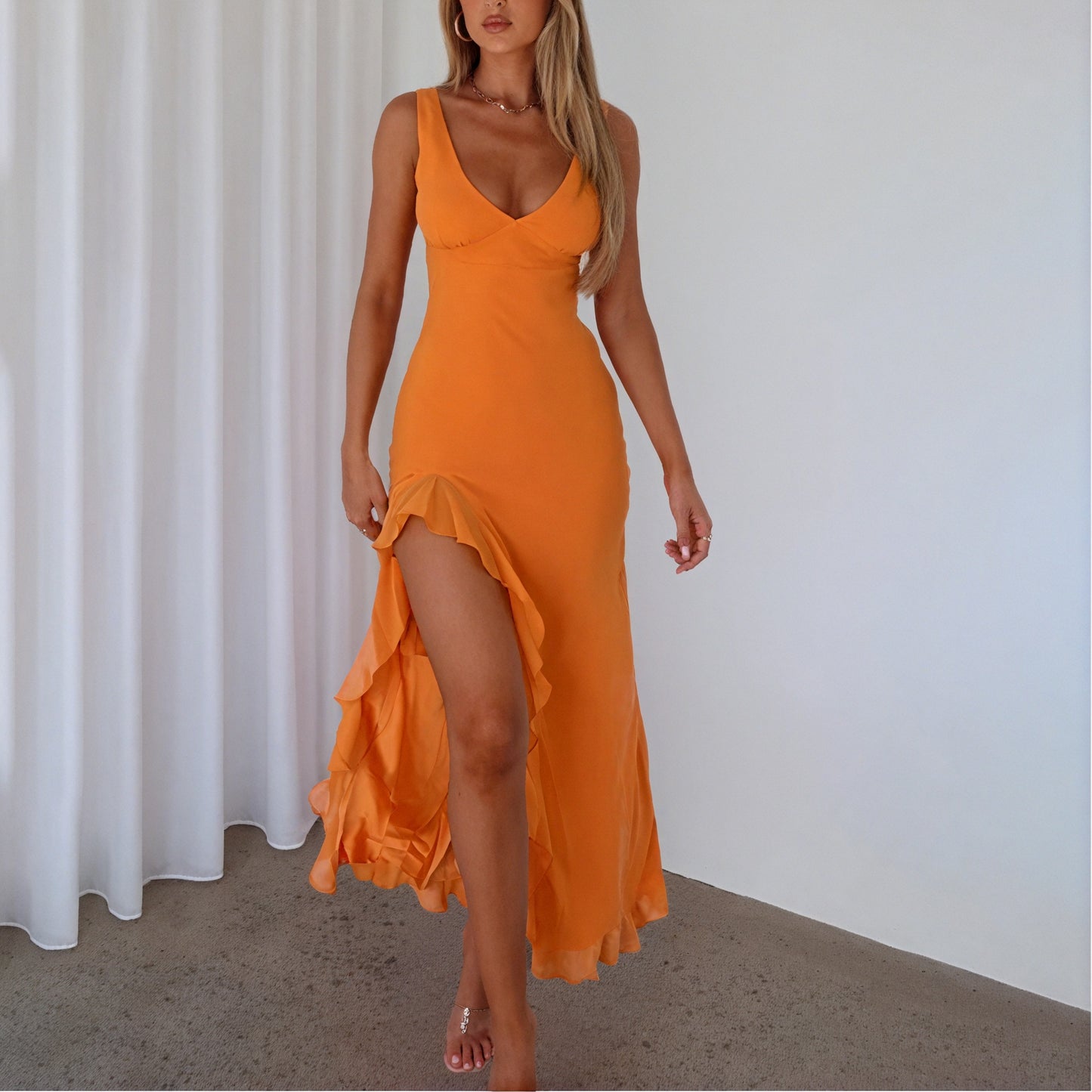 Paige | Elegant Sleeveless V-Neck Maxi Dress with Asymmetrical Slit - Image 8