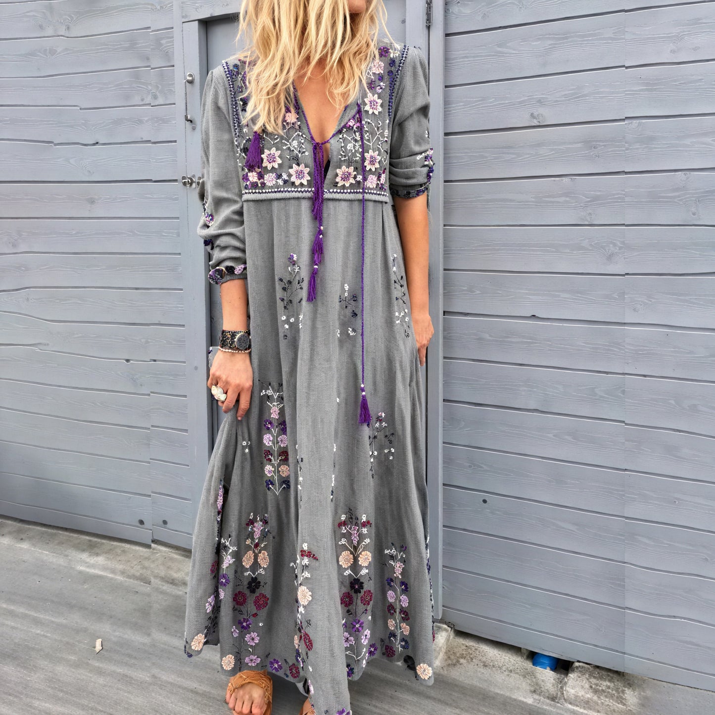Lilly | Long-Sleeve Bohemian Maxi Dress with Embroidered V-Neck and Tassels - Image 3