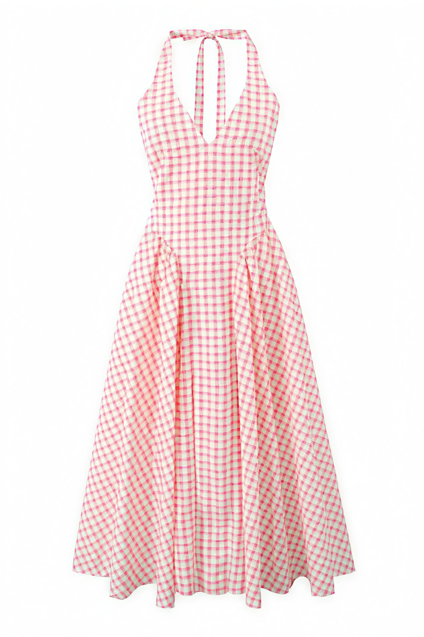 Damen Kleid – Rosa Weiß Gingham, V-Ausschnitt, Plissierter Rock, AVA MODA-83586-ad8c3dd0-79c9-4185-82c2-589b41987e80