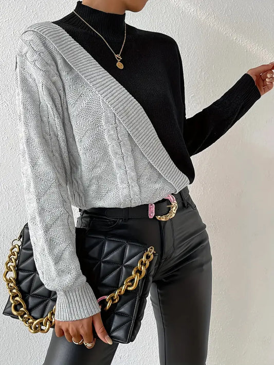 Damen Rollkragenpullover – Color Block Zopfstrick Design, AVA MODA-54586-77f19451-2c08-4759-a6e4-93f487e56c56