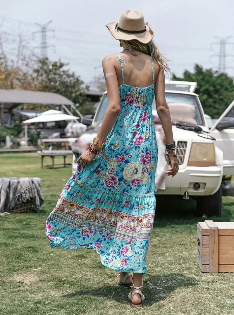 Boho Maxikleid - Blumenmuster & V-Ausschnitt