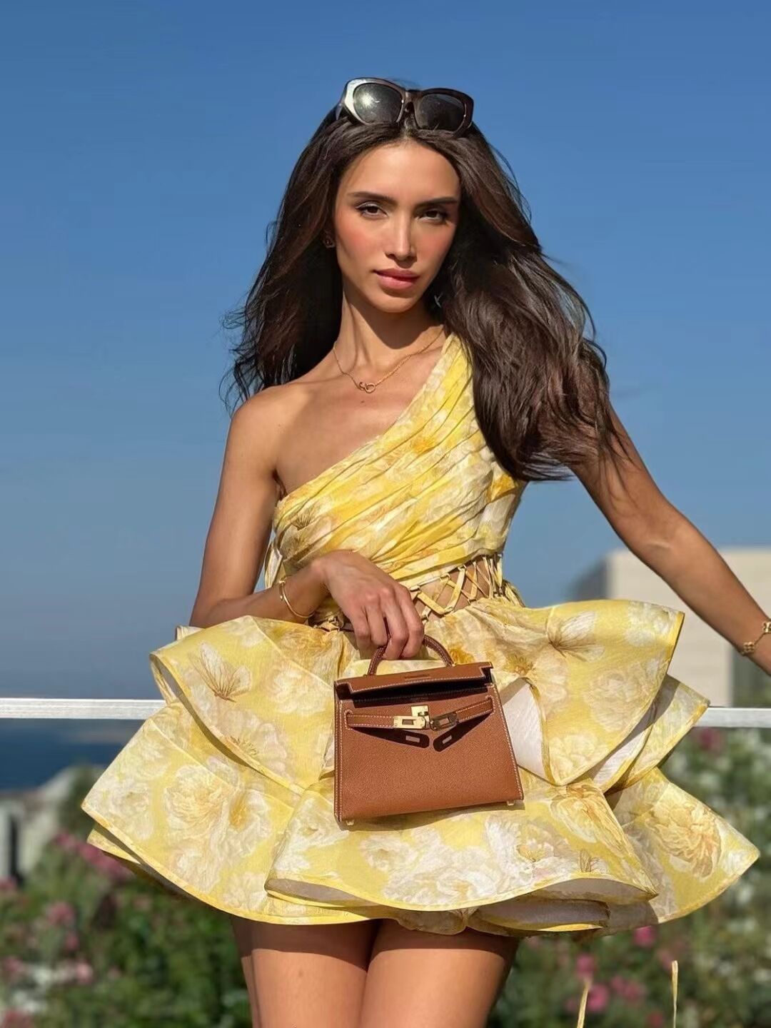 Damen Kleid – Blumen Print, One-Shoulder, Asymmetrischer Rüschen Saum-83680-08f961a1-0098-437a-91b8-044663a44710