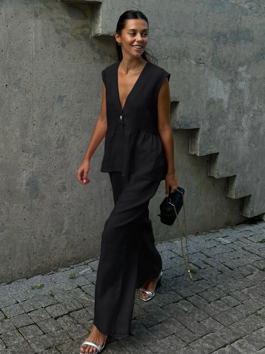 AVA MODA Damen Zweiteiler Leinen – Ärmelloses Top, Weite Hose, V-Ausschnitt-83272-0c63c763-28ea-4941-8b59-9294f11645bc