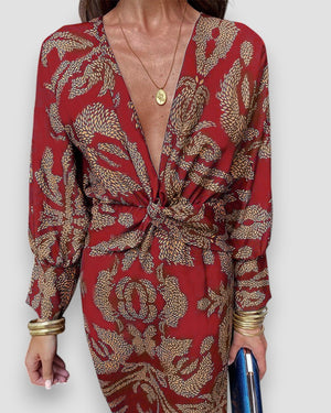 Damen Langarmkleid – Bedruckt mit V-Ausschnitt & Knotendetail-83293-0cd70f95-a68a-4a1f-a035-41577c935f07