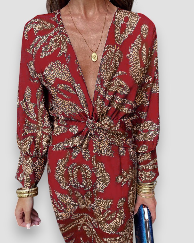 Damen Langarmkleid – Bedruckt mit V-Ausschnitt & Knotendetail-83293-0cd70f95-a68a-4a1f-a035-41577c935f07