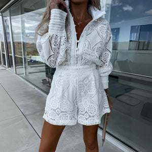 Damen Spitzen-Ensemble – Langarm Knopfleisten-Oberteil & Shorts-83324-15adcc06-553d-4868-8892-0c1f4c56e2a8