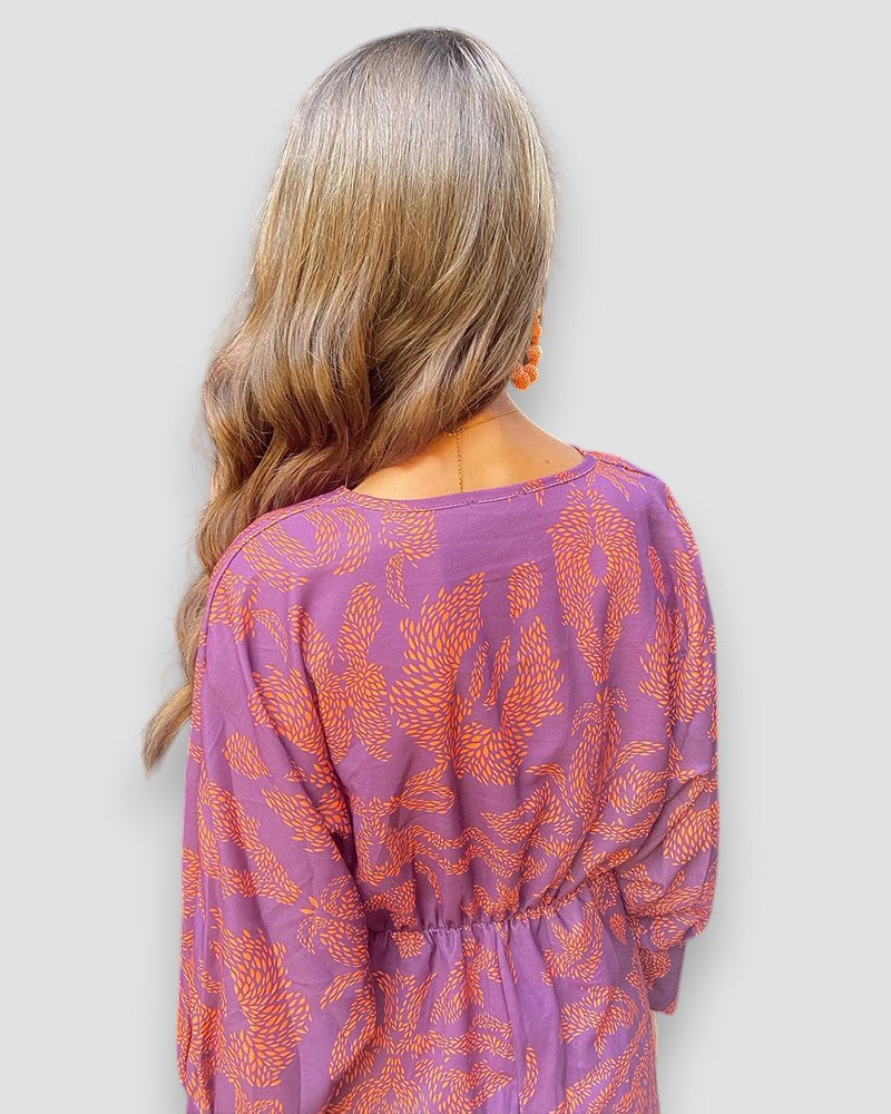 Damen Langarmkleid – Bedruckt mit V-Ausschnitt & Knotendetail-83293-1ff39bf6-df81-45de-a0ec-157aa262a515