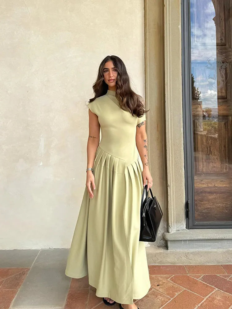 Asymmetrical Dress - High Neck, Fitted Bodice