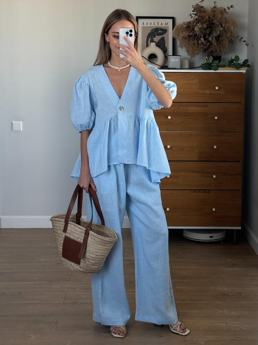 AVA MODA Damen Leinen Zweiteiler – Puffärmel Top & Weite Hose – Passendes Set-83274-350be112-09bf-4698-93ad-a45ce3b240ee