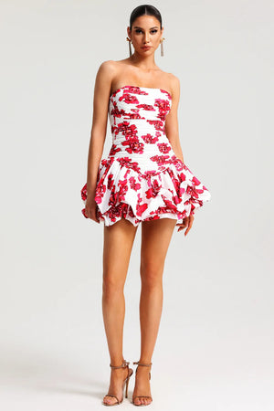 Damen Kleid Trägerlos Blumenmuster Rüschenrock Strukturiertes Oberteil-83685-35404da7-15a4-4609-ae42-4a20db7d8908