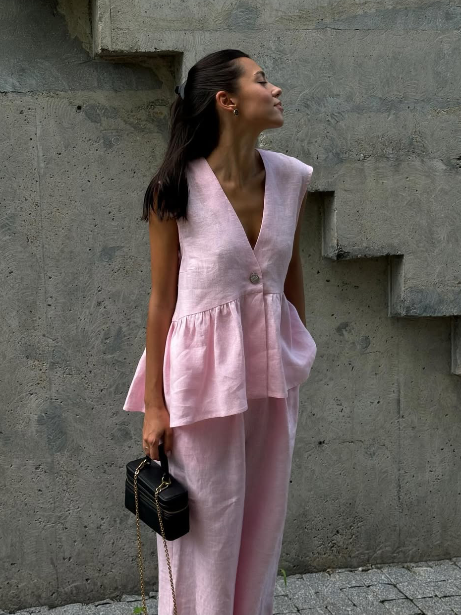 AVA MODA Damen Zweiteiler Leinen – Ärmelloses Top, Weite Hose, V-Ausschnitt-83272-3a951ff5-e144-4189-8b3b-dc87d849c333