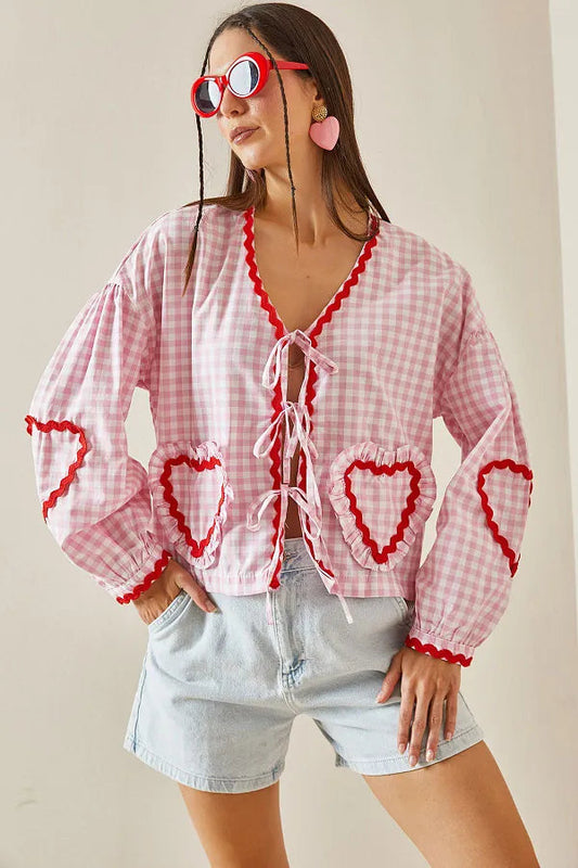 Damen Bluse Gingham Muster Herz-Taschen Bindedetail Langarm Rot AVA MODA-83307-46b921e5-1973-4a0a-80f1-5af596246534