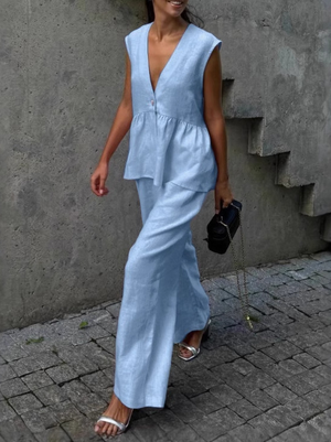 AVA MODA Damen Zweiteiler Leinen – Ärmelloses Top, Weite Hose, V-Ausschnitt-83272-4ab44557-d8ed-4597-9d20-fd4405e2063a