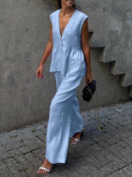 AVA MODA Damen Zweiteiler Leinen – Ärmelloses Top, Weite Hose, V-Ausschnitt-83272-4ab44557-d8ed-4597-9d20-fd4405e2063a