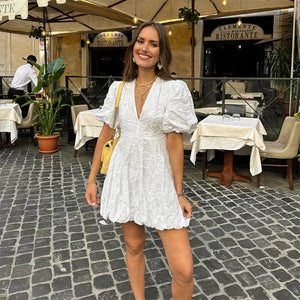 Damen Weißes Besticktes V-Ausschnitt Kurzarm Kleid-83645-4ab8d485-5c25-4620-9801-70de7003235e