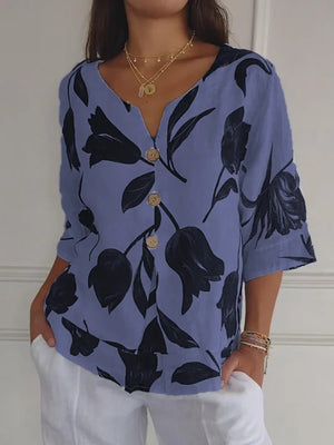 Floral V-Neck Blouse - Button-Down Top