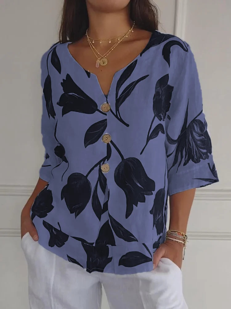 Floral V-Neck Blouse - Button-Down Top