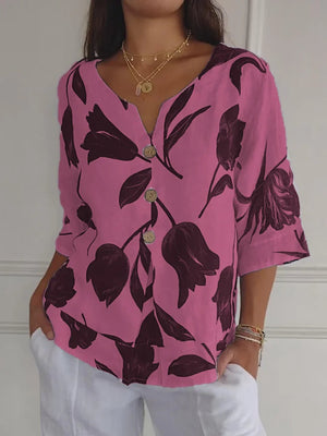 Floral V-Neck Blouse - Button-Down Top