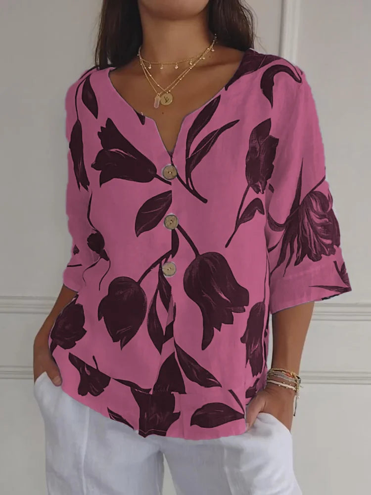 Floral V-Neck Blouse - Button-Down Top