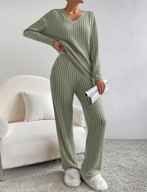Weites Bein Loungewear Set - Rippstrick