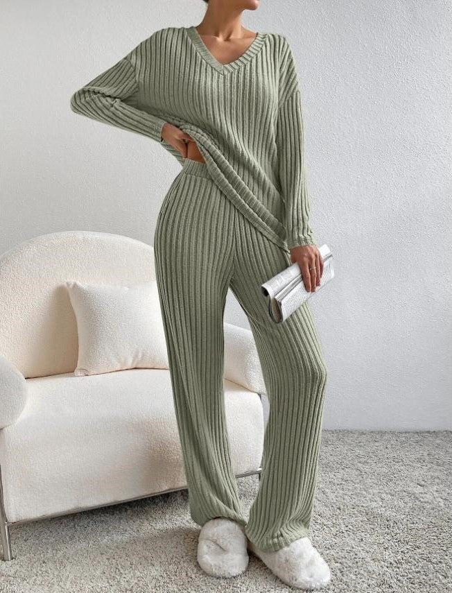 Weites Bein Loungewear Set - Rippstrick