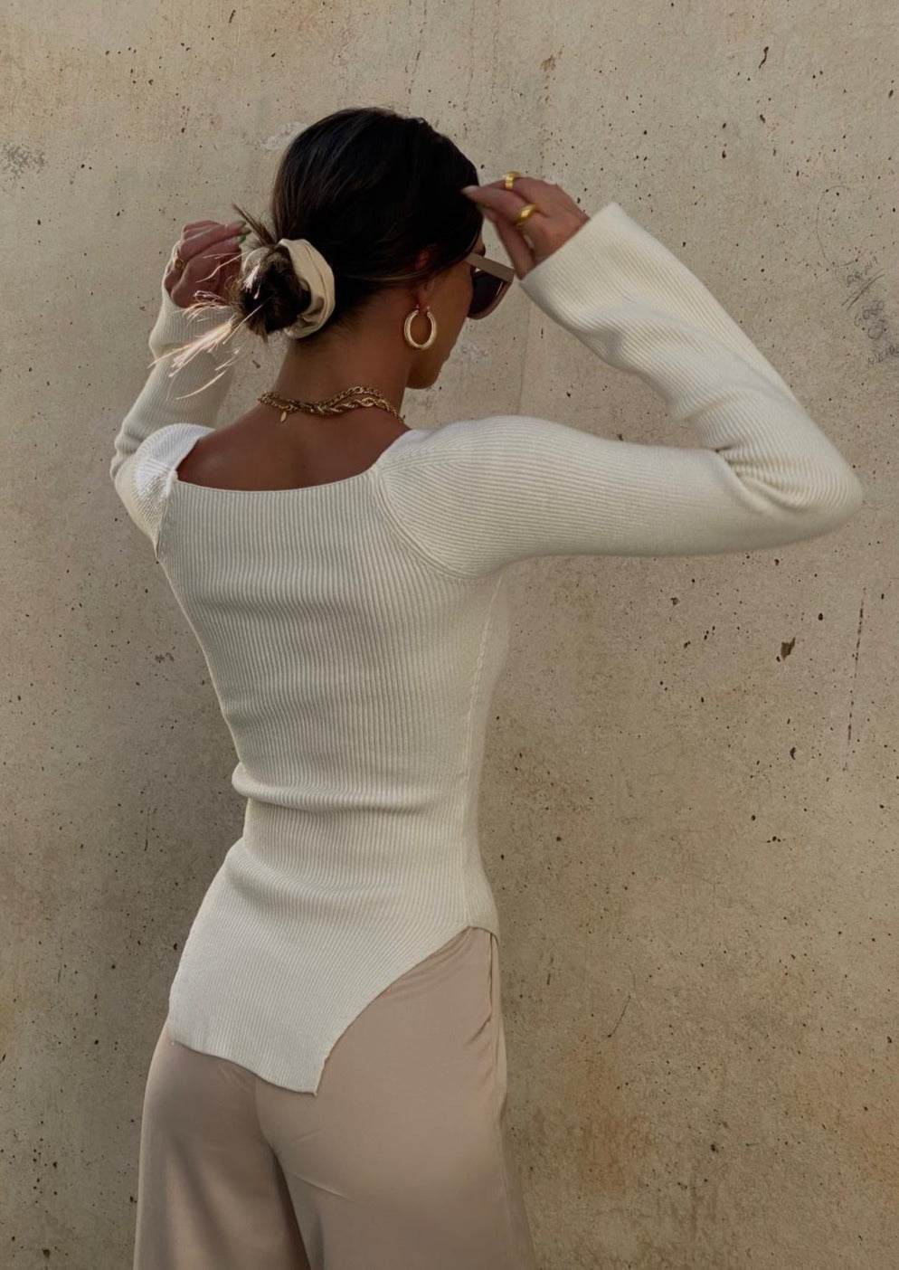 Ribbed Knit Top - Asymmetrical Hemline