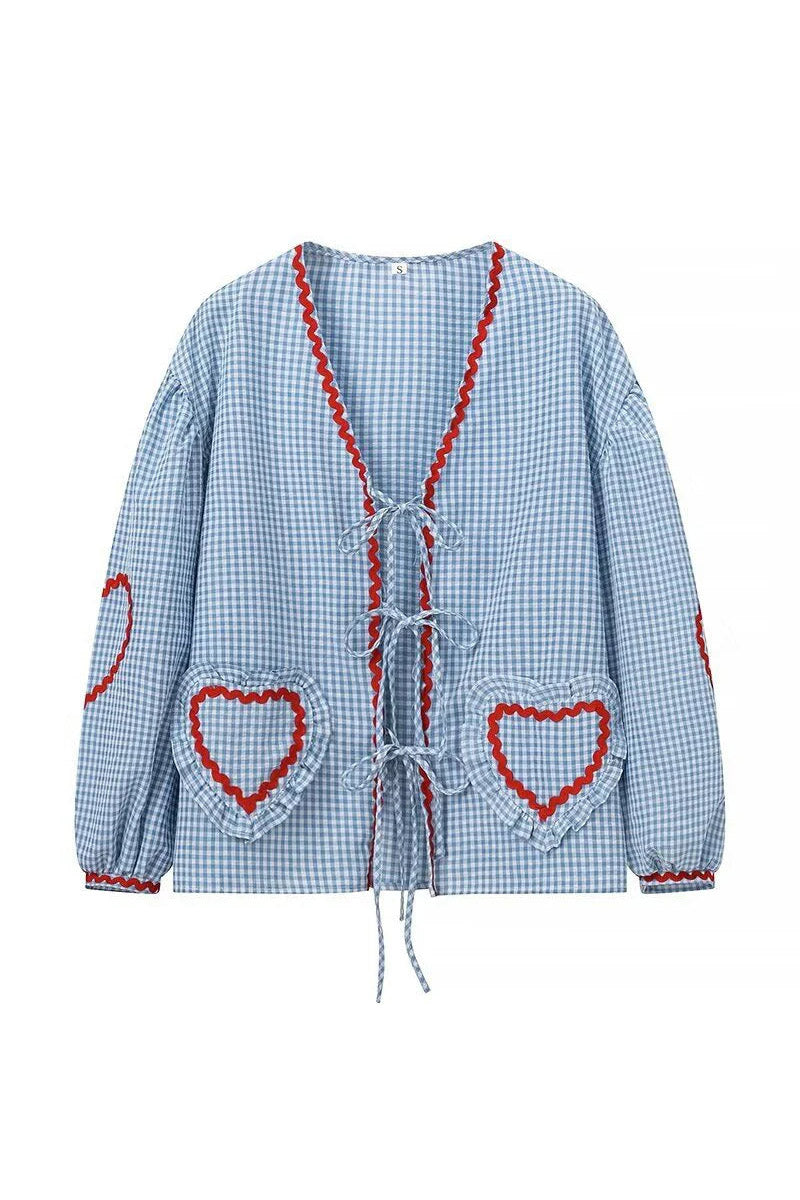 Damen Bluse Gingham Muster Herz-Taschen Bindedetail Langarm Rot AVA MODA-83307-54f3a0d1-9fa1-42cc-9ee0-49ca009f5f1c