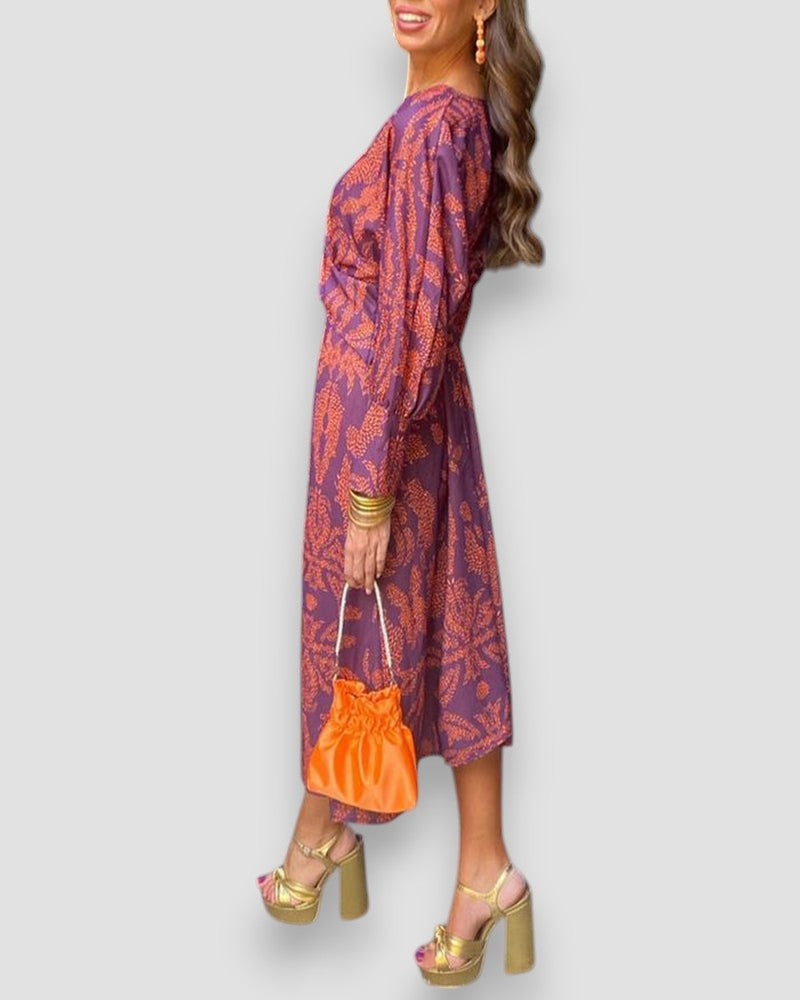 Damen Langarmkleid – Bedruckt mit V-Ausschnitt & Knotendetail-83293-5708eb56-5702-42cd-964b-8958ae70a4ed