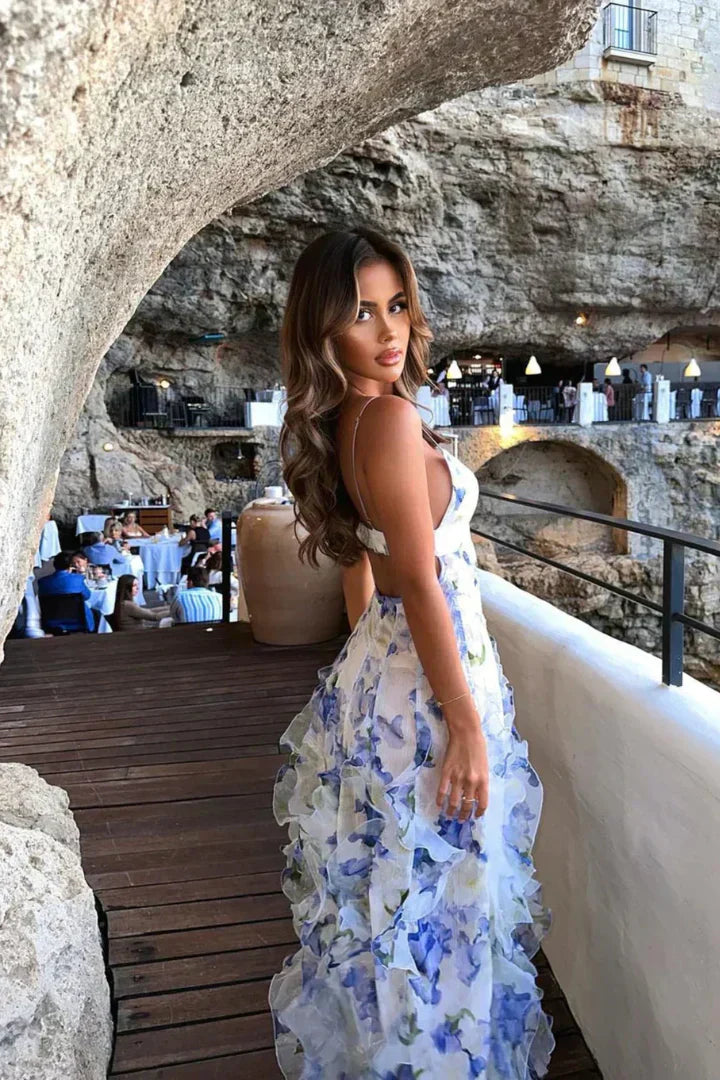 Blumen Maxi Kleid mit Rüschen Rock