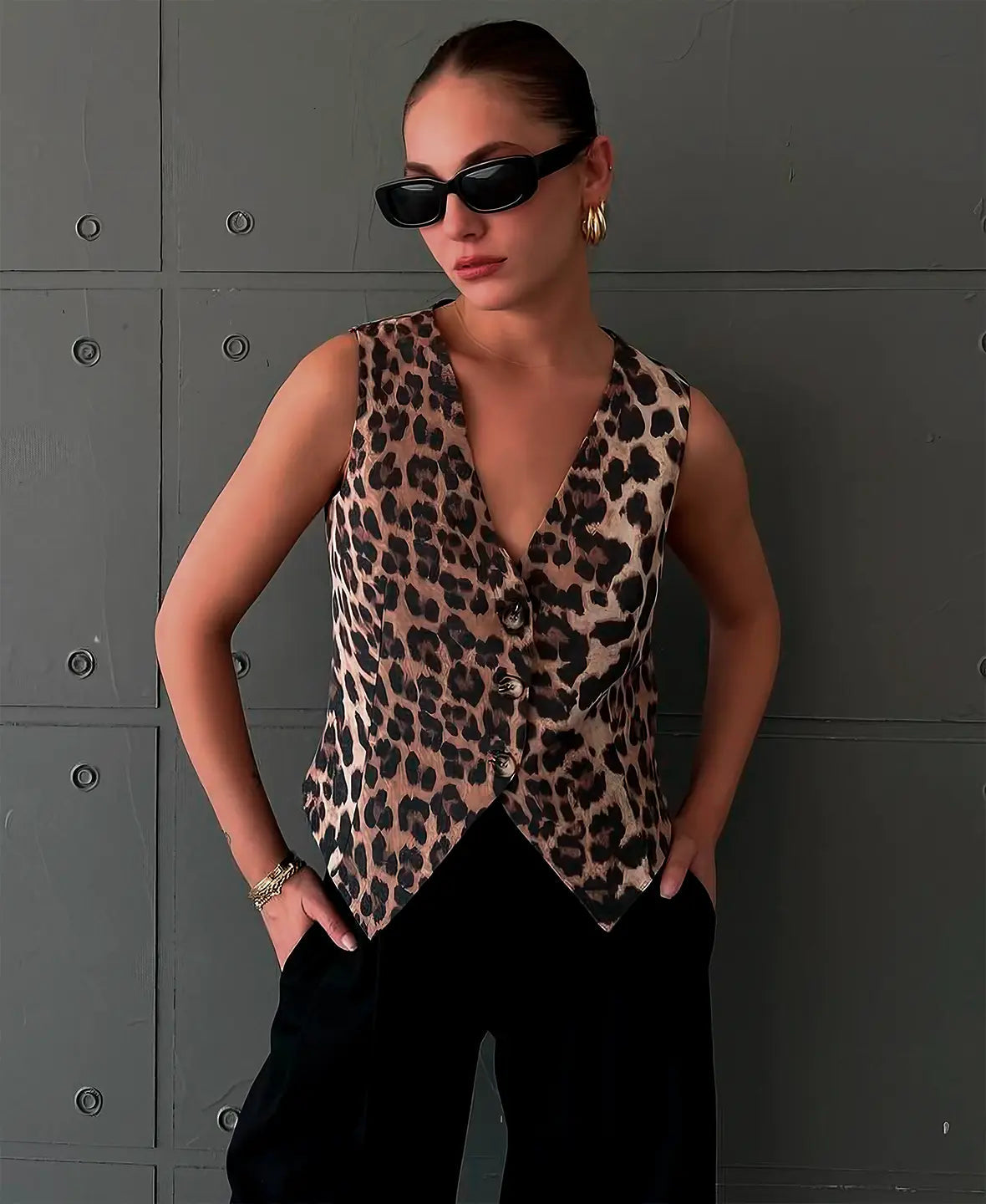 Animal Print Top - Ärmellos, V-Ausschnitt