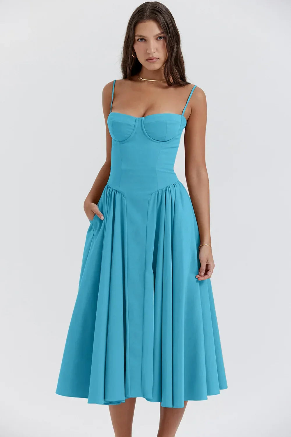 Damen Midi-Kleid – Strukturiertes Oberteil, Faltenrock, Taschen-83506-6650dd20-76b6-4767-97f2-8c55dc404559