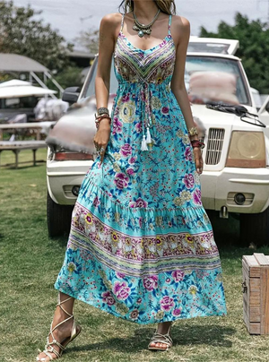 Boho Maxikleid - Blumenmuster & V-Ausschnitt