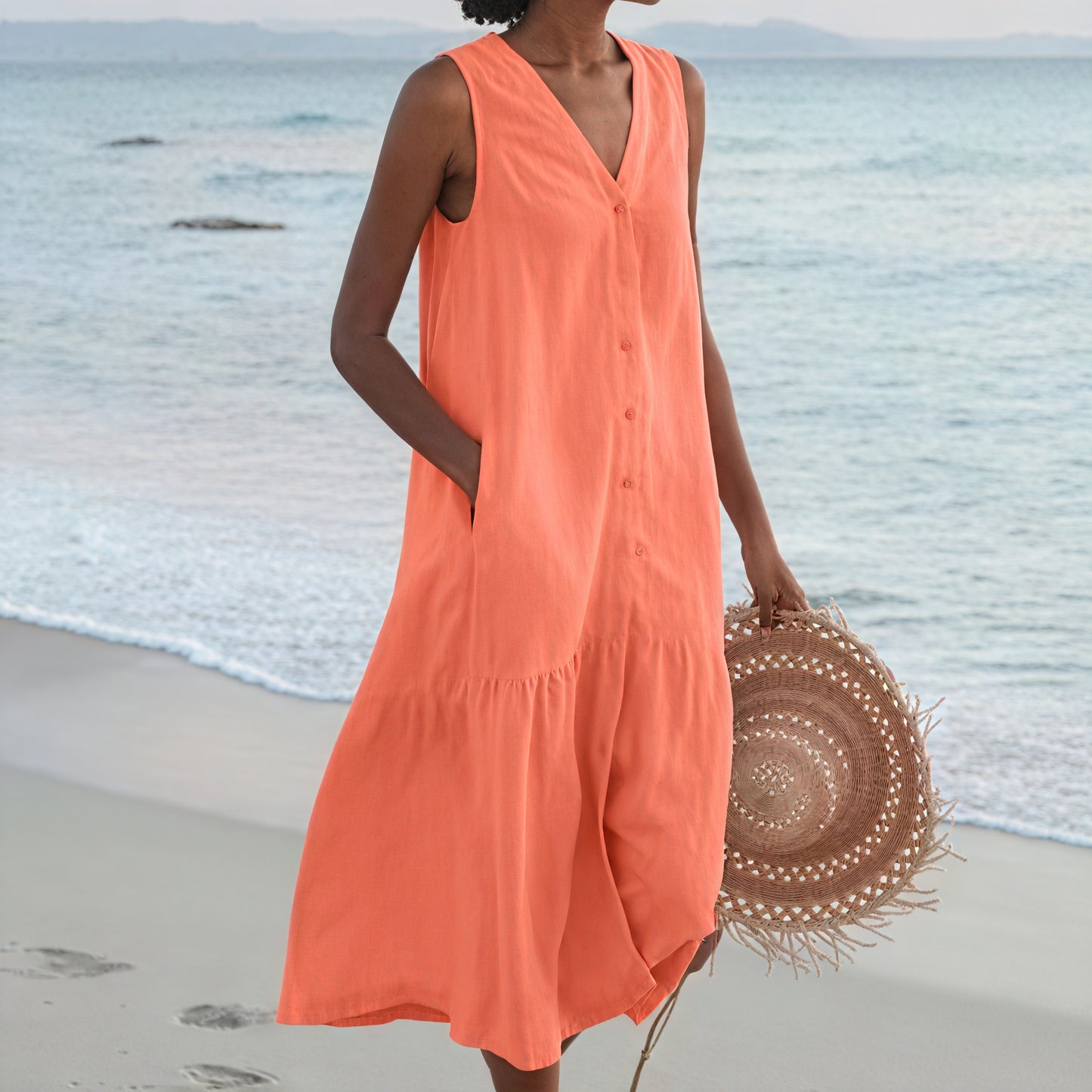 Damen Kleid Ärmellos mit Knopfleiste V-Ausschnitt Fließend Seitentaschen Sommer Lässig-67015-c668cd01-9da3-4822-ba30-603a1b63c9db