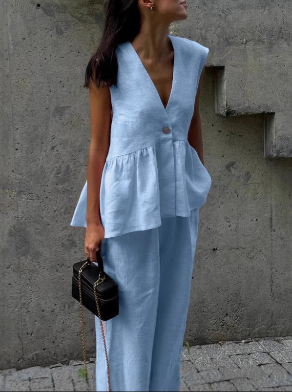 AVA MODA Damen Zweiteiler Leinen – Ärmelloses Top, Weite Hose, V-Ausschnitt-83272-6a930d19-d39a-43f0-8058-4014556be65f