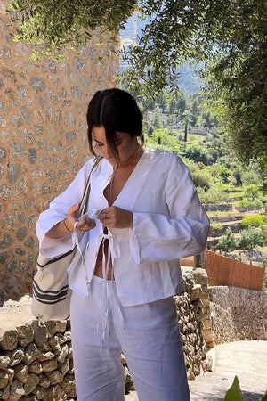 Damen Leinen Zweiteiler – Langarm Top mit Bindedetail & Shorts mit Gummibund, Lässig-83296-7128b82b-2f99-4a39-bce2-a5e979173fc8