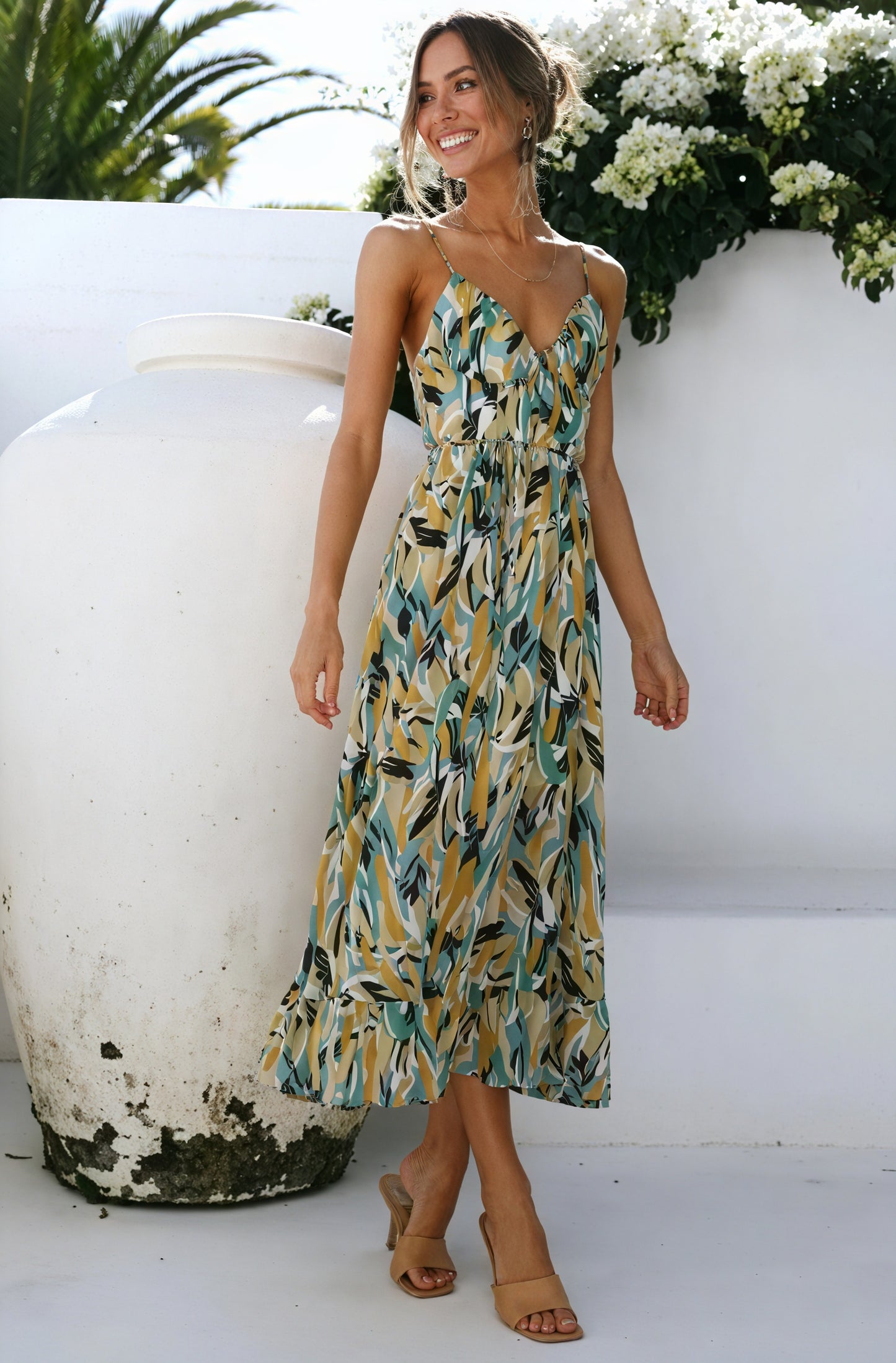 Abstract Print Maxi Dress - V-Neck