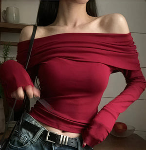 Schulterfreies Cropped Top - Lange Ärmel, Rot