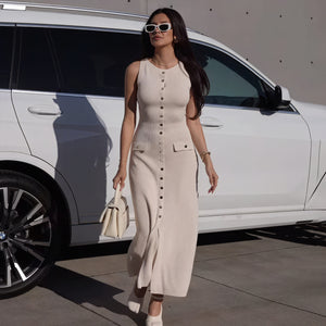 Knitted Midi Dress - Button Front, Fitted