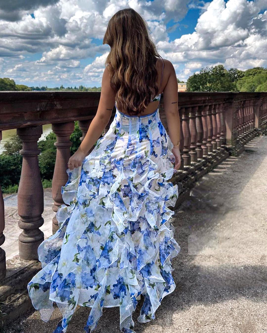 Blumen Maxi Kleid mit Rüschen Rock