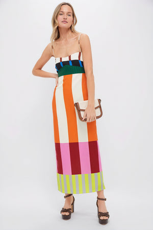 Gestreiftes Maxi-Kleid mit Farbblock-Design