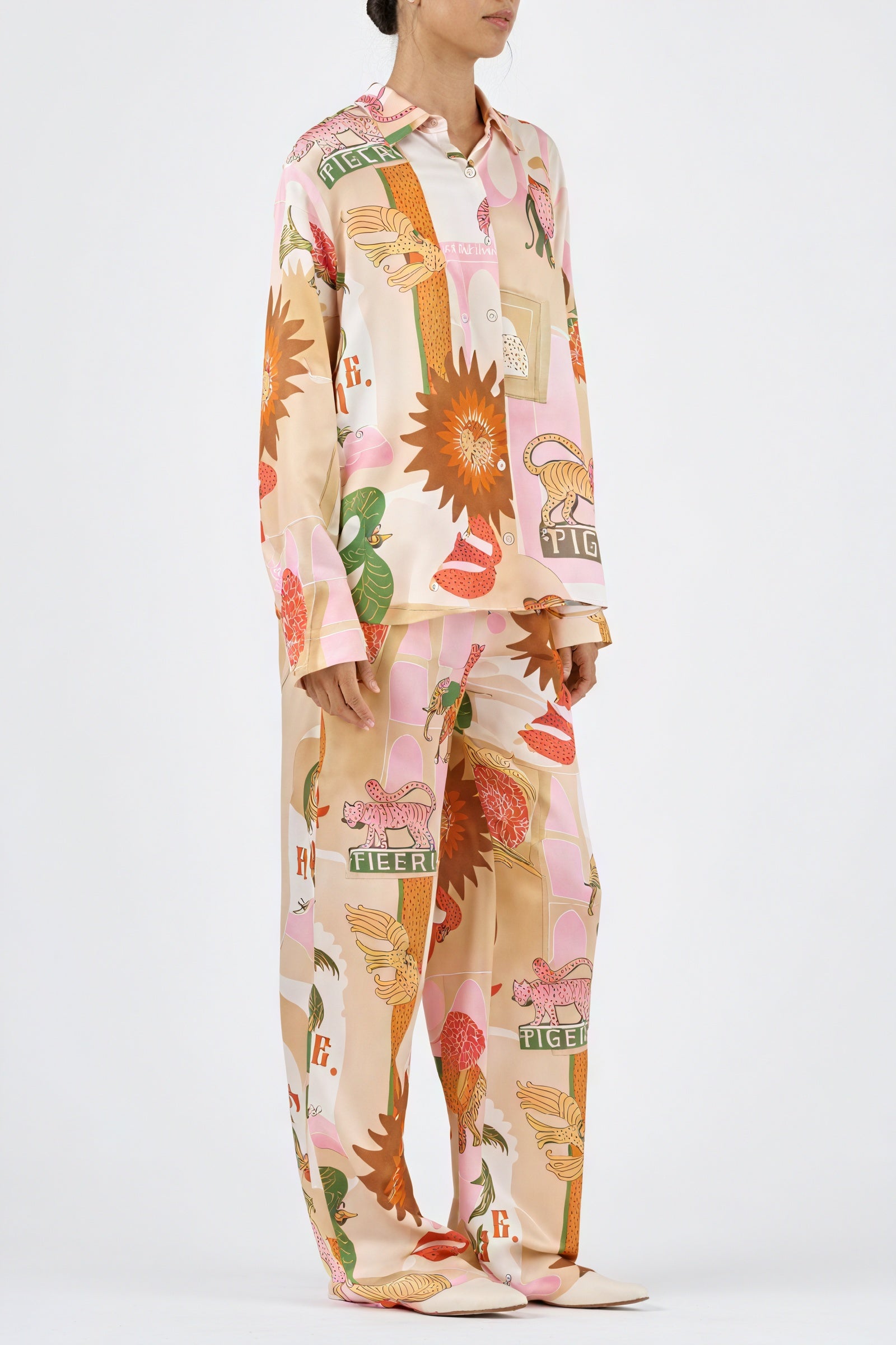 Seidenpyjama-Set - Weites Bein, Allover-Print