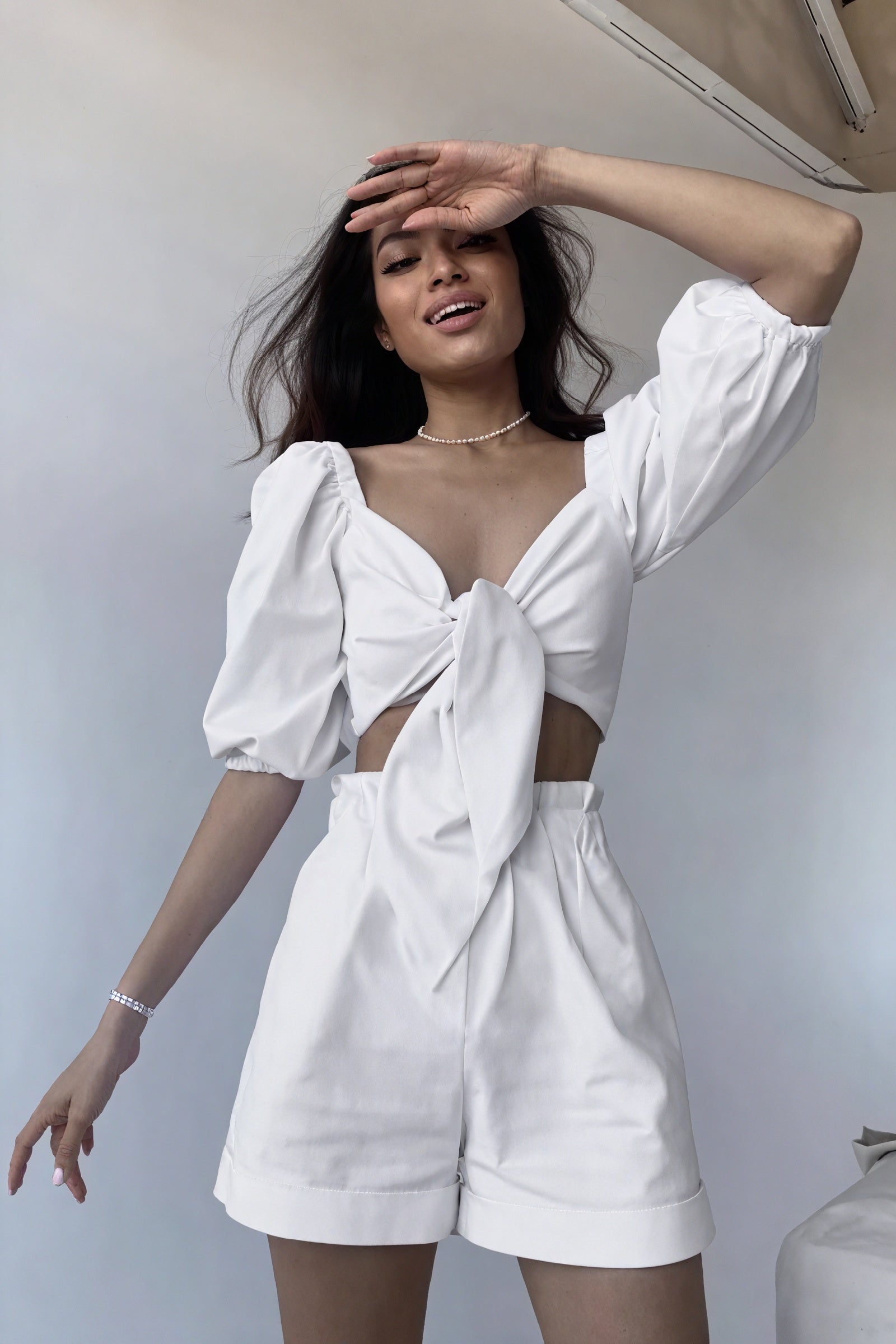 Geschnürtes Puffärmel Top - Weiß