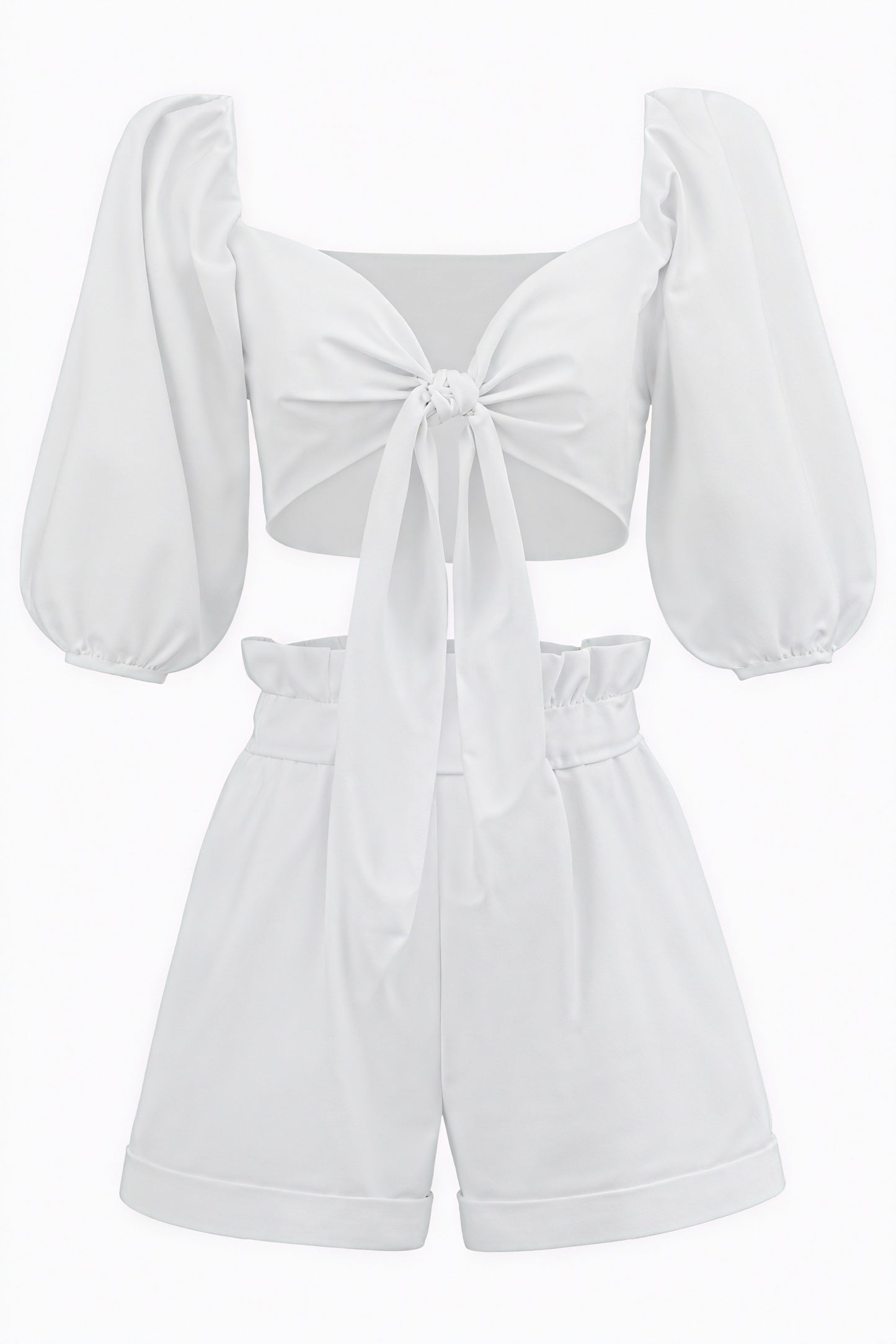 Geschnürtes Puffärmel Top - Weiß