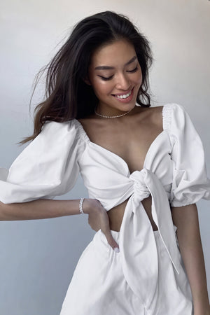 Geschnürtes Puffärmel Top - Weiß