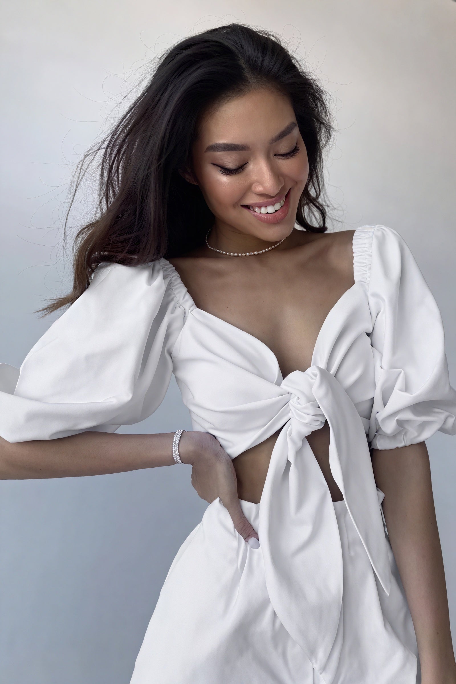 Geschnürtes Puffärmel Top - Weiß