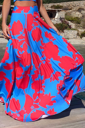 Blumen Crop Top Maxirock Set - Rot/Blau