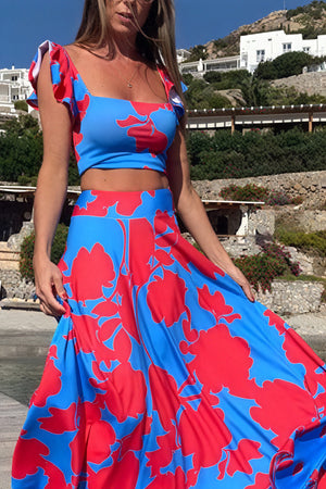 Blumen Crop Top Maxirock Set - Rot/Blau