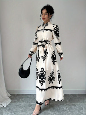 Damen Kleid Langarm mit Bindegürtel, bedruckt, fließend-83357-7cbada7f-a7d2-4cc3-a86b-e58a6c5207c6