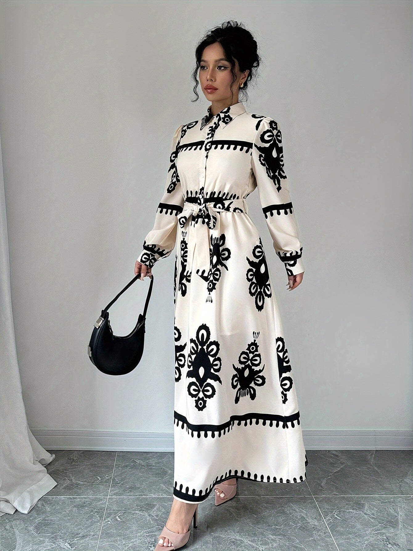 Damen Kleid Langarm mit Bindegürtel, bedruckt, fließend-83357-7cbada7f-a7d2-4cc3-a86b-e58a6c5207c6